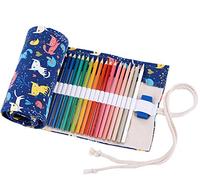 Amoyie Roll Up Pencil Case for 48 Coloured Pencils, Foldable Colouring Pen Organiser Bag, Canvas Coloring Pens Holder, Artist Wrap, Blue Cat