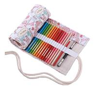 Amoyie Roll Up Pencil Case for 48 Coloured Pencils, Foldable Colouring Pen Organiser Bag, Canvas Coloring Pens Holder, Artist Wrap, Paris Pink