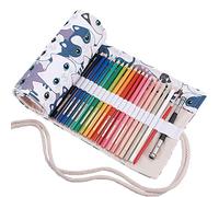 Amoyie Roll Up Pencil Case for 48 Coloured Pencils, Foldable Colouring Pen Organiser Bag, Canvas Coloring Pens Holder, Artist Wrap, Cartoon Cat