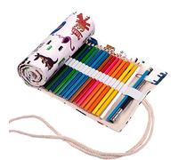 Amoyie Roll Up Pencil Case for 48 Coloured Pencils, Foldable Colouring Pen Organiser Bag, Canvas Coloring Pens Holder, Artist Wrap, Zoo White