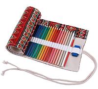 Amoyie Roll Up Pencil Case for 48 Coloured Pencils, Foldable Colouring Pens Organiser Bag, Artist Wrap, Canvas Holder, Red Stripes
