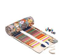 Amoyie Roll Up Pencil Case for 72 Coloured Pencils, Foldable Colouring Pen Organiser Bag, Canvas Coloring Pens Holder, Artist Wrap, Green Cat Bead
