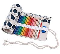 Amoyie Roll Up Pencil Case for 72 Coloured Pencils, Foldable Colouring Pens Organiser Bag, Artist Wrap, Portable Canvas Holder, Blue Leaf