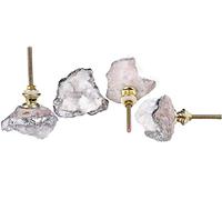 AMOYSTONE Crystal Geode Drawer Knobs Natural White Healing Crystal Stone Silver-Plated Cabinet Handles Cupboard Dresser Pulls for Home Office Decor Set of 4