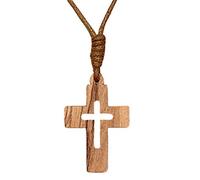 AMPALS, Authentic Handmade in Jerusalem Brown Wood Necklace with Cross Kraft Cord Jute Box Christmas Christening Communion, Christian Day, Birthday, Car Protection, Home, Well-Being, Wood, Wood