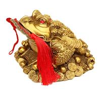 Amperer Brass Feng Shui Money Frog Three Legged Wealth Traditional Frog Money Toad Statue with Set of 5 Lucky Charm Ancient Coins on Red String Home Car Fengshui Decor (B1 Money Frog)
