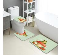 Amphibian Bathroom Mat Sets 3 Piece, Cute Mushroom Floral Absorbent Non Slip Toilet Rugs U Shaped Washable, Spring Green Quick Dry Flannel Bathroom Rug Set