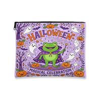 Amphibian Canvas with Zipper, Fanciful Festive Ghost Pumpkins Halloween Violet Canvas with Zipper Mini Makeup Bag for Travel, Bathroom, Vanity Organizer and Purse Storage 7x9 Inch