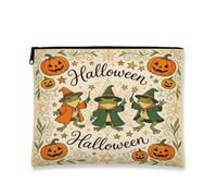 Amphibian Canvas with Zipper, Fanciful Festive Pumpkins Witch Hat Halloween Orange Canvas with Zipper Makeup Bag for Purse for Travel, Vanity, Bathroom, Purse Storage and Daily Use 7x9 Inch