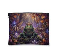 Amphibian Canvas with Zipper, Fanciful Magical Royal Leaves Halloween Green Canvas with Zipper Cosmetic Bag for Purse for Travel, Bathroom, Vanity Organizer and Purse Storage, Green, 7x9 Inch