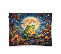 Amphibian Canvas with Zipper, Fanciful Nature Moon Leaves Autumn Green Canvas with Zipper Toiletry Travel Bag for Travel, Vanity, Bathroom, Purse Storage and Daily Use 7x9 Inch