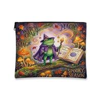 Amphibian Canvas with Zipper, Fanciful Playful Mushrooms Witch Hat Halloween Violet Portable with Zipper Cosmetic Pouch for Travel, Bathroom, Vanity, Purse Storage and Gifts 7x9 Inch