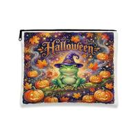 Amphibian Canvas with Zipper, Fanciful Playful Pumpkins Witch Hat Halloween Green Canvas with Zipper Cosmetic Pouch for Travel, Vanity, Bathroom, Purse Storage and Daily Use 7x9 Inch