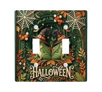Amphibian Double Light Switch Cover Plate, Fanciful Festive Spider Web Leaf Halloween Green Standard Size Toggle Light Switch Cover for Home Living Room New Apartment Decor