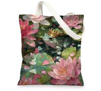 Amphibian Royal Canvas Tote Bag, Floral Reusable Grocery Bags, Lightweight Green Shoulder Strap Bags 13x15 Inch