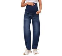AMPOSH Maternity Barrel Jeans for Women - High Waisted Stretch Pregnancy Denim Pants for Work Casual Mid to Late Pregnancy, Dark Blue, S