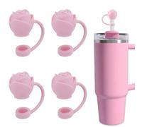 Amreich Pink Rose Silicone Straw Cover Cap (4 pcs), Food Grade, Dust-Proof, Reusable, Compatible with Stanley Cup & Yeti Cups for Party Decor