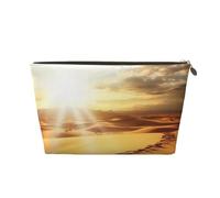 AMREWQYL Golden Desert Bright Sunshine printed Leather Travel Toiletry Bag makeup bag Cosmetic Bag Clutch Bag, Gold, One Size