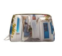 AMREWQYL Greece Street printed Leather makeup bag Cosmetic Bag Toiletry Bag Clutch Bag, White, One Size