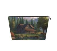 AMREWQYL House by The Lake printed Leather Travel Toiletry Bag makeup bag Cosmetic Bag Clutch Bag, Silver, One Size