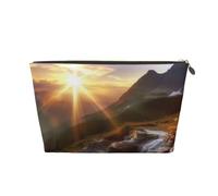 AMREWQYL Mountain sunrise landscape printed Leather Travel Toiletry Bag makeup bag Cosmetic Bag Clutch Bag, Gold, One Size