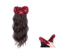 AMRISBTYS Handmade Black Rose Grab Clip + Natural Curl Ponytail Fluffy Hair Increase Water Ripple Curly Hair(red rose Banana clip ponytail (dark brown))