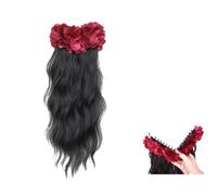 AMRISBTYS Handmade Black Rose Grab Clip + Natural Curl Ponytail Fluffy Hair Increase Water Ripple Curly Hair(red rose Banana clip ponytail (natural black))