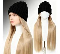 AMRISBTYS Warm Knit Beanie with 55 cm Long straight Synthetic Hair Accessory - Black Beanie with Light Brown Highlights for Hair(AT1194-88/18)