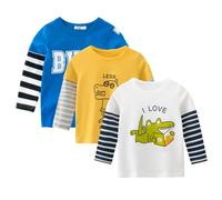 amropi Baby Boys Striped T-Shirt 3 Pack Long Sleeve Cotton Top Crew Neck Tee Shirts Blue Yellow White, 1-2 Years