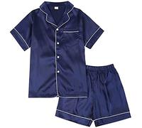 amropi Family Matching Silk Pyjama Set Short Sleeve Loungewear 2 Pieces Summer Sleepwear Navy-2, 3-4 Years