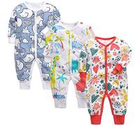 amropi Unisex Baby Boys Print Rompers 3-Pack Long Sleeve Jumpsuit One-Piece Outfits 0-3 Months, Blue/Yellow/Red