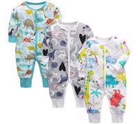 amropi Unisex Baby Boys Print Rompers 3-Pack Long Sleeve Jumpsuit One-Piece Outfits 3-6 Months, Blue/Grey/White