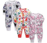 amropi Unisex Baby Boys Print Rompers 3-Pack Long Sleeve Jumpsuit One-Piece Outfits 6-9 Months, Grey/Red/Pink