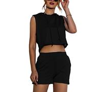 amropi Women 2 Piece Tracksuit Sleeveless Hoodie Crop Top and Shorts Summer Outfits Set Black,M