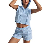 amropi Women 2 Piece Tracksuit Sleeveless Hoodie Crop Top and Shorts Summer Outfits Set Blue,XL