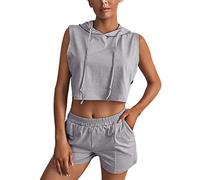 amropi Women 2 Piece Tracksuit Sleeveless Hoodie Crop Top and Shorts Summer Outfits Set Grey,L