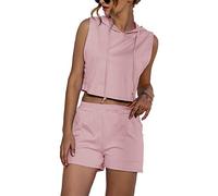 amropi Women 2 Piece Tracksuit Sleeveless Hoodie Crop Top and Shorts Summer Outfits Set Pink,M