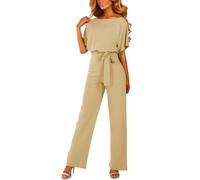 amropi Women Slash Neck Jumpsuit Short Sleeve Belted Romper Loose Casual Playsuit Beige,S