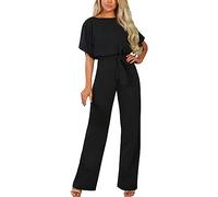 amropi Women Slash Neck Jumpsuit Short Sleeve Belted Romper Loose Casual Playsuit Black,XXL