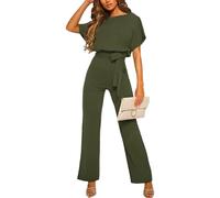 amropi Women Slash Neck Jumpsuit Short Sleeve Belted Romper Loose Casual Playsuit Green,L