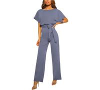 amropi Women Slash Neck Jumpsuit Short Sleeve Belted Romper Loose Casual Playsuit Grey,M
