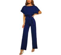 amropi Women Slash Neck Jumpsuit Short Sleeve Belted Romper Loose Casual Playsuit Navy,M