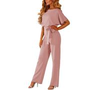 amropi Women Slash Neck Jumpsuit Short Sleeve Belted Romper Loose Casual Playsuit Pink,3XL