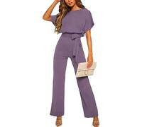 amropi Women Slash Neck Jumpsuit Short Sleeve Belted Romper Loose Casual Playsuit Purple,L