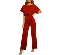 amropi Women Slash Neck Jumpsuit Short Sleeve Belted Romper Loose Casual Playsuit Red,XL