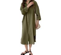 amropi Women's Maxi Shirt Dress Oversize Long Sleeve Button Blouse V Neck Side Split Casual Shirts with Belt Army Green, S