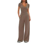 amropi Women's Short Sleeve Deep V-Neck Ruched T-Shirt and Wide Leg Pants Set Summer 2 Pieces Tracksuit Khaki, L