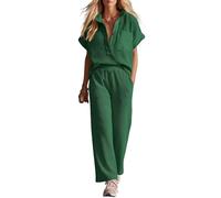 amropi Women's Short Sleeve Deep V Neck Turndown Collar Top and Jogging Pants Set 2 Pieces Summer Tracksuit Green, XL