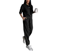 amropi Women's Summer Tracksuit Short Sleeve Button Top and Jogging Pants 2 Pieces Sports Outfits Set Black,XXL