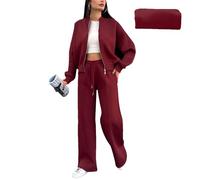 amropi Women's Tracksuit Fur Lined Zipper Jacket Top and Jogging Pants 2 Pieces Sweatsuit Set Red, XXL